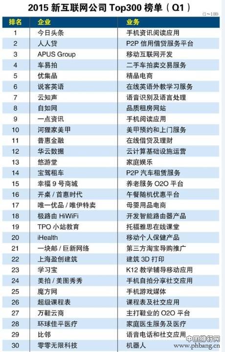 2015中国新互联网公司Top300排名